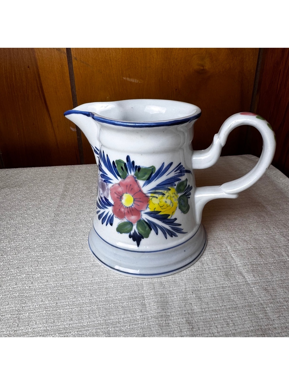 Vintage Hand Painted Floral Ceramic Pitcher Creamer Blue Trim 5 Inch Cottage - Picture 2 of 8